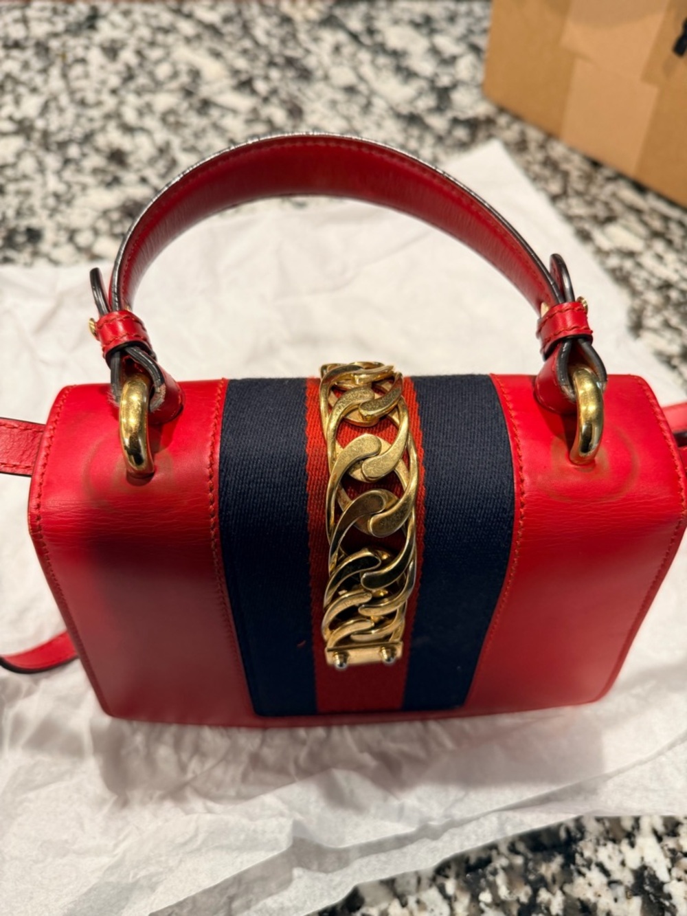 Gucci Red Leather Satchel with Gold Chain and Navy Trim - Picture 3 of 7